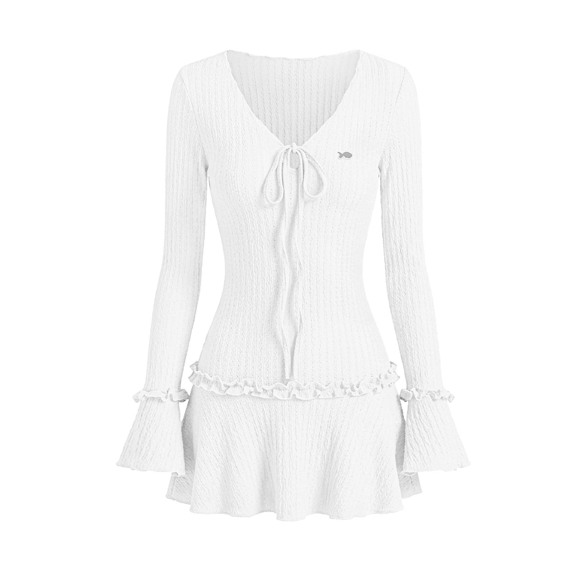 DKMV Rae Dress 白色 V領 綁帶 荷葉邊 針織短裙