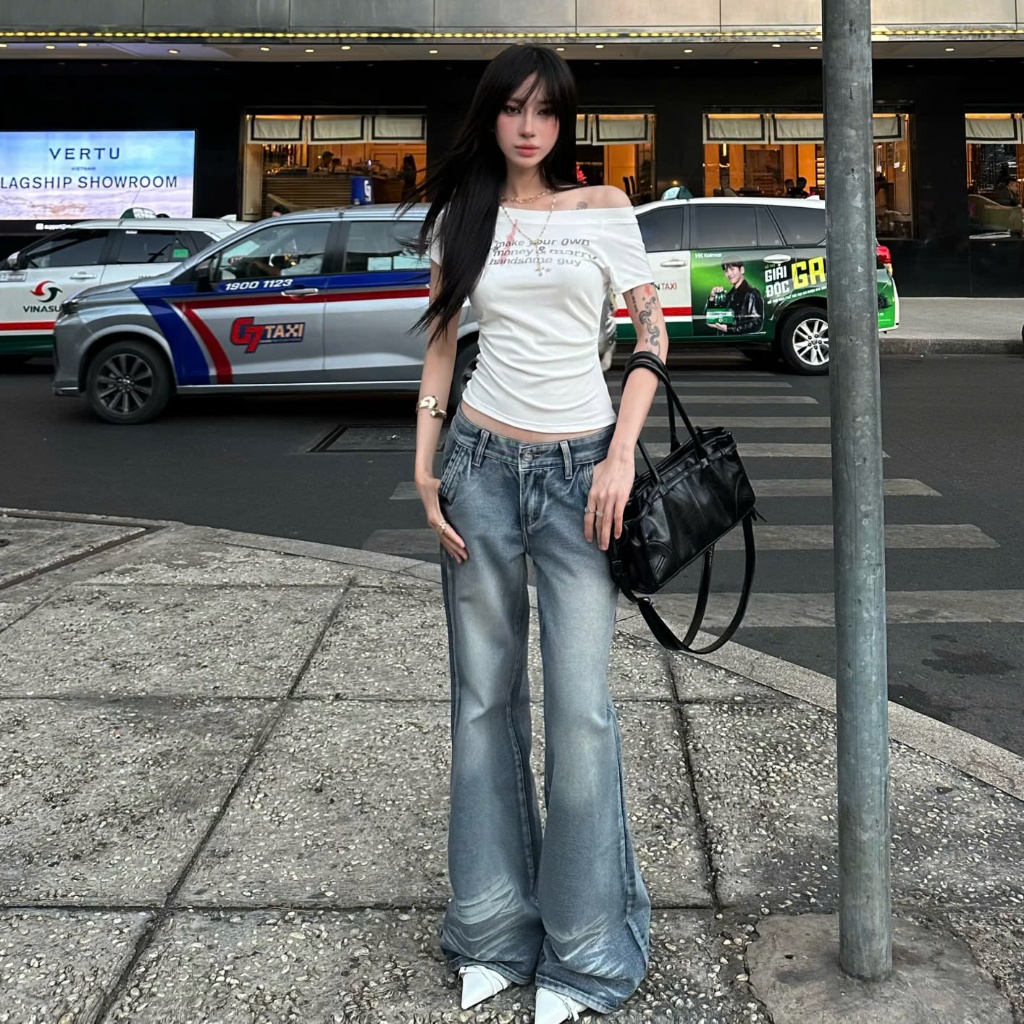 TWENTI Low Rise Wide Leg Washed Jeans - Blue