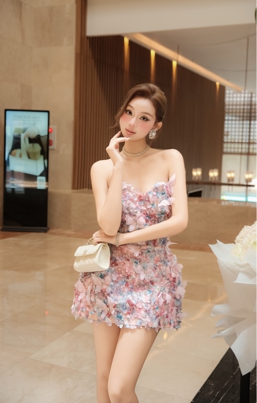 THAOBIBI Floral Organza Bustier Mini Dress