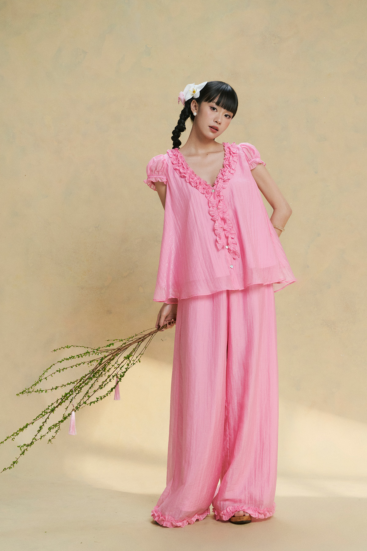 DOTTIE Ruffle Trim Wide Leg Pants Q0416