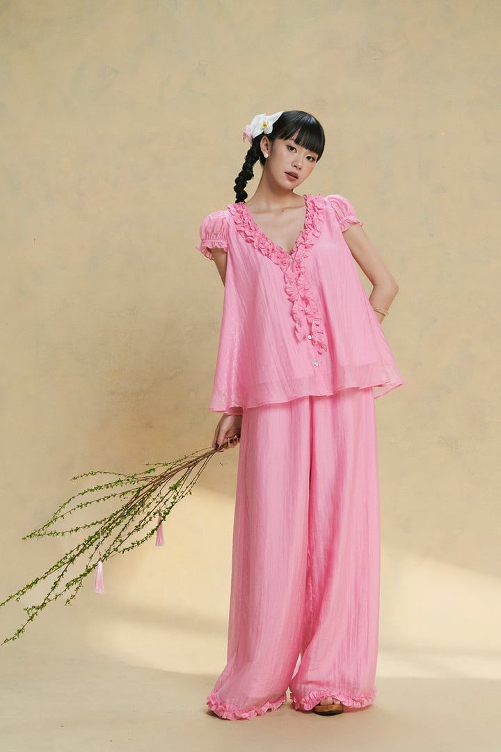 DOTTIE Ruffle Trim Wide Leg Pants Q0416
