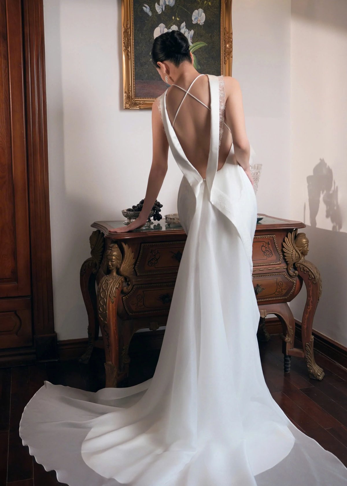 KISSERINE ALTYNSA GOWN - White Silk & Floral Lace Wedding Dress