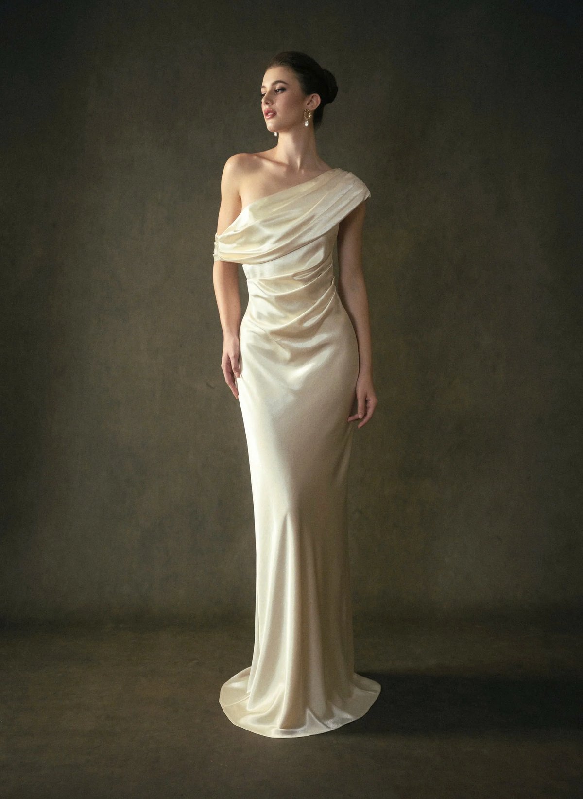 KISSERINE GRACE DRESS Asymmetrical Off-Shoulder Satin Maxi Dress
