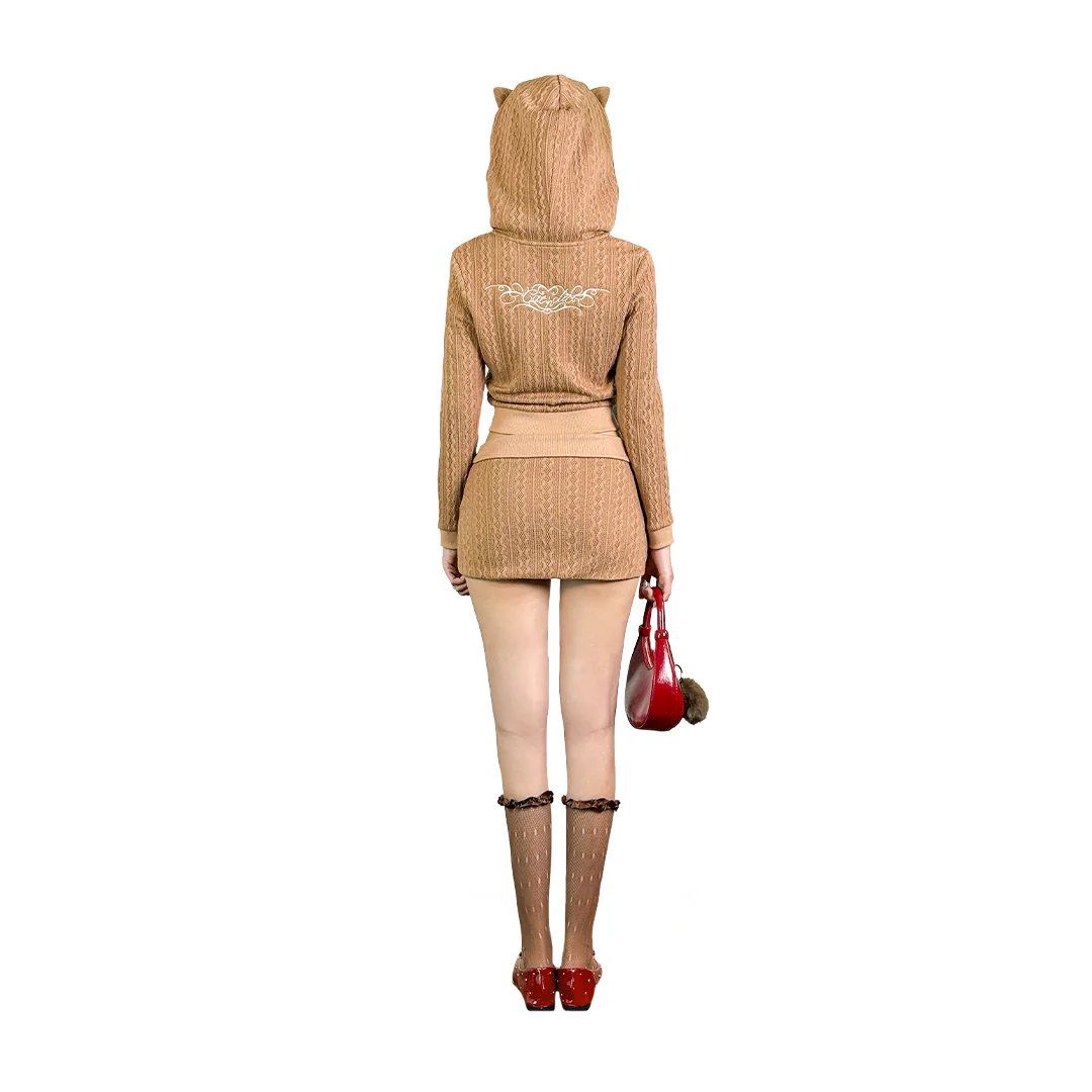 AIAI Cat Spell Knitwear Set with Cat Ear Hooded Jacket and Bodycon Skirt