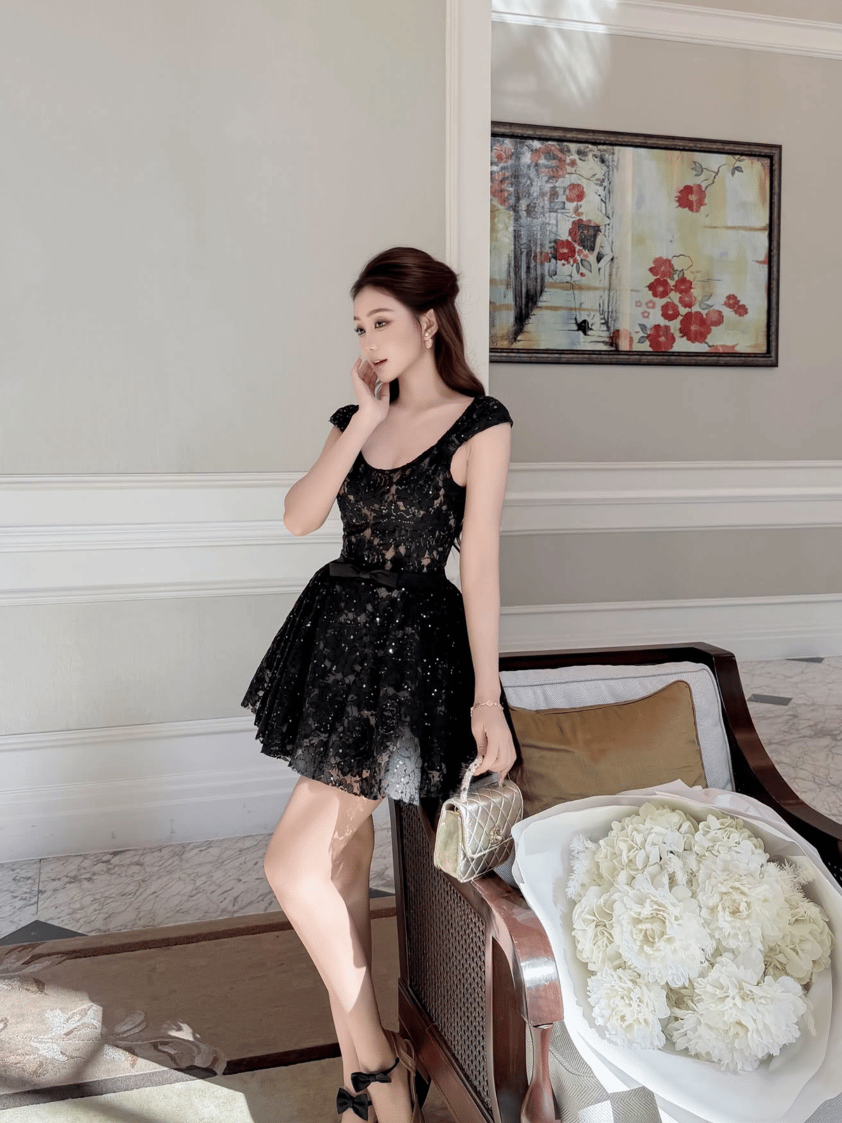 Tran Ali Sequin Lace Bow Shoulder Dress