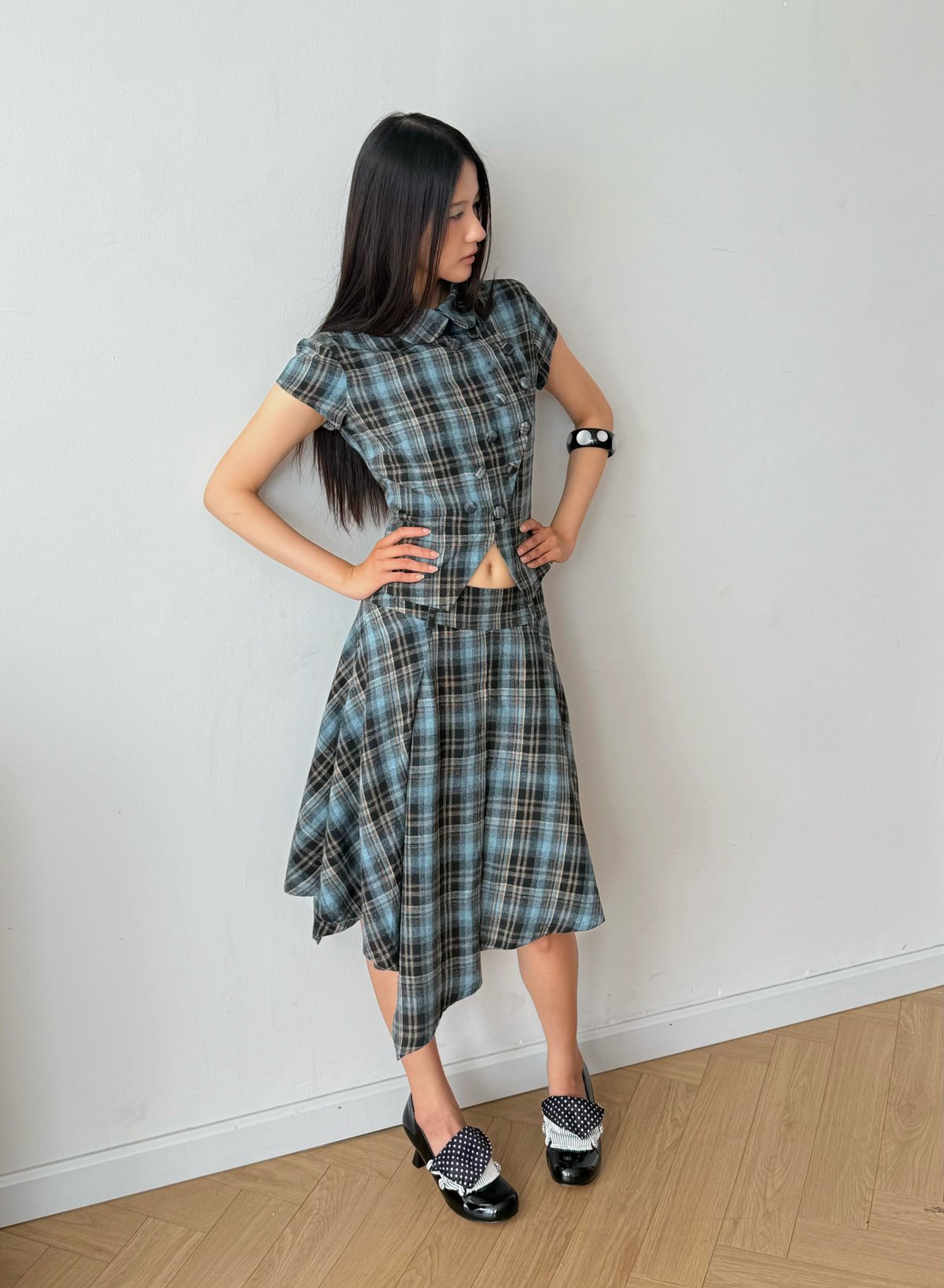 LANA Polka Dot Rounded Collar Double-Breasted Shirt