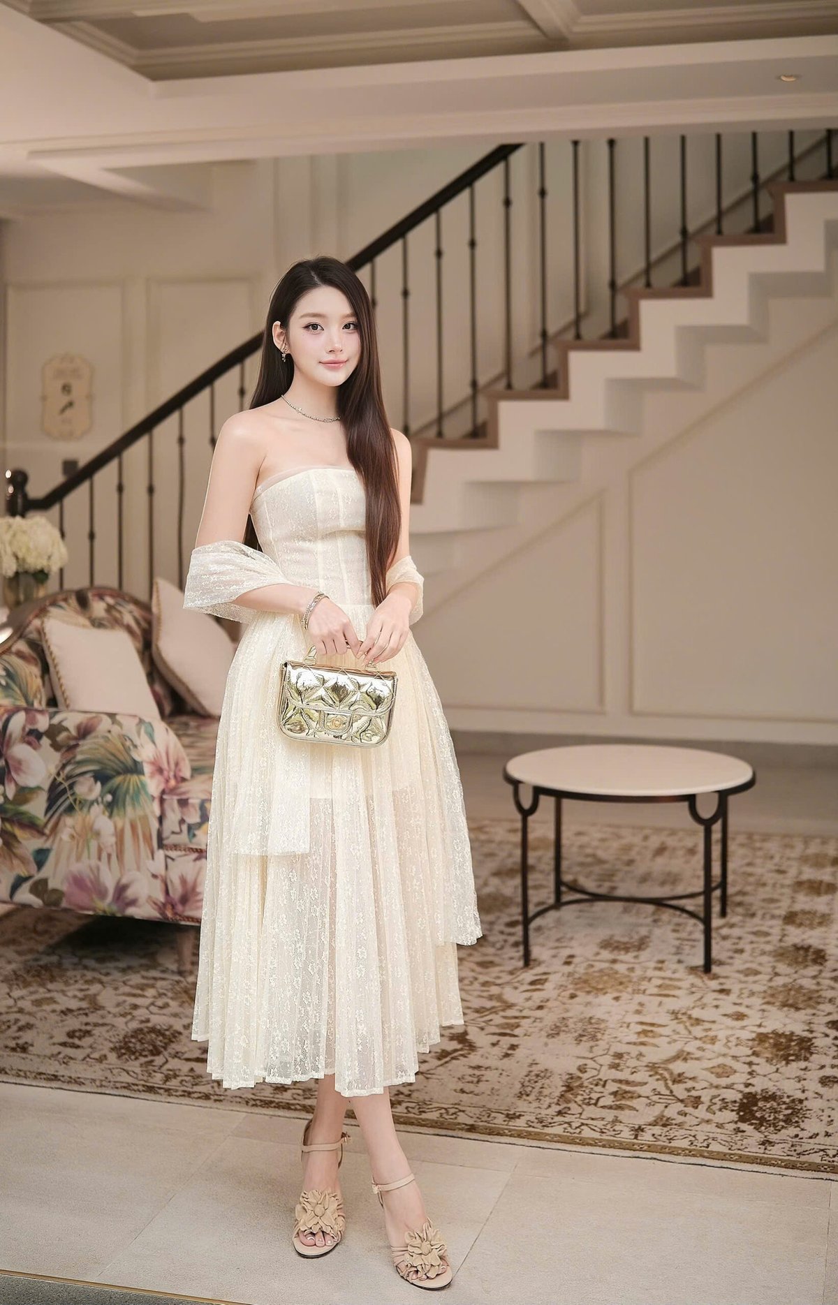 CHOU CHOU 蕾絲方領抹胸長裙