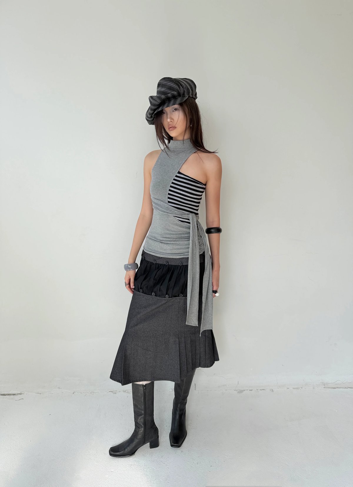 into.eight VEIL TOP Asymmetric Draped Striped Top
