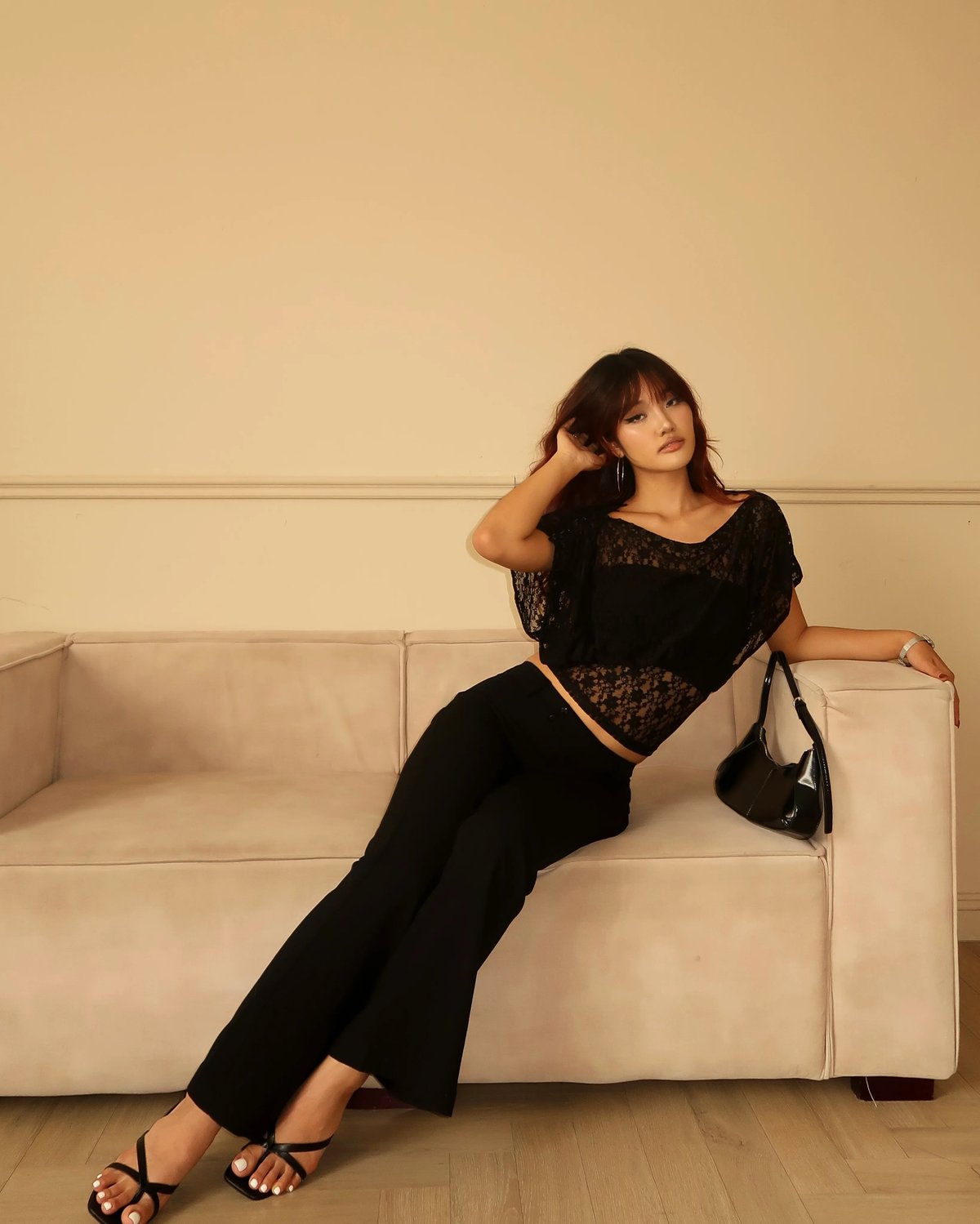 Sugar Crush Clara One-Shoulder Lace Cropped Top - Jet Black