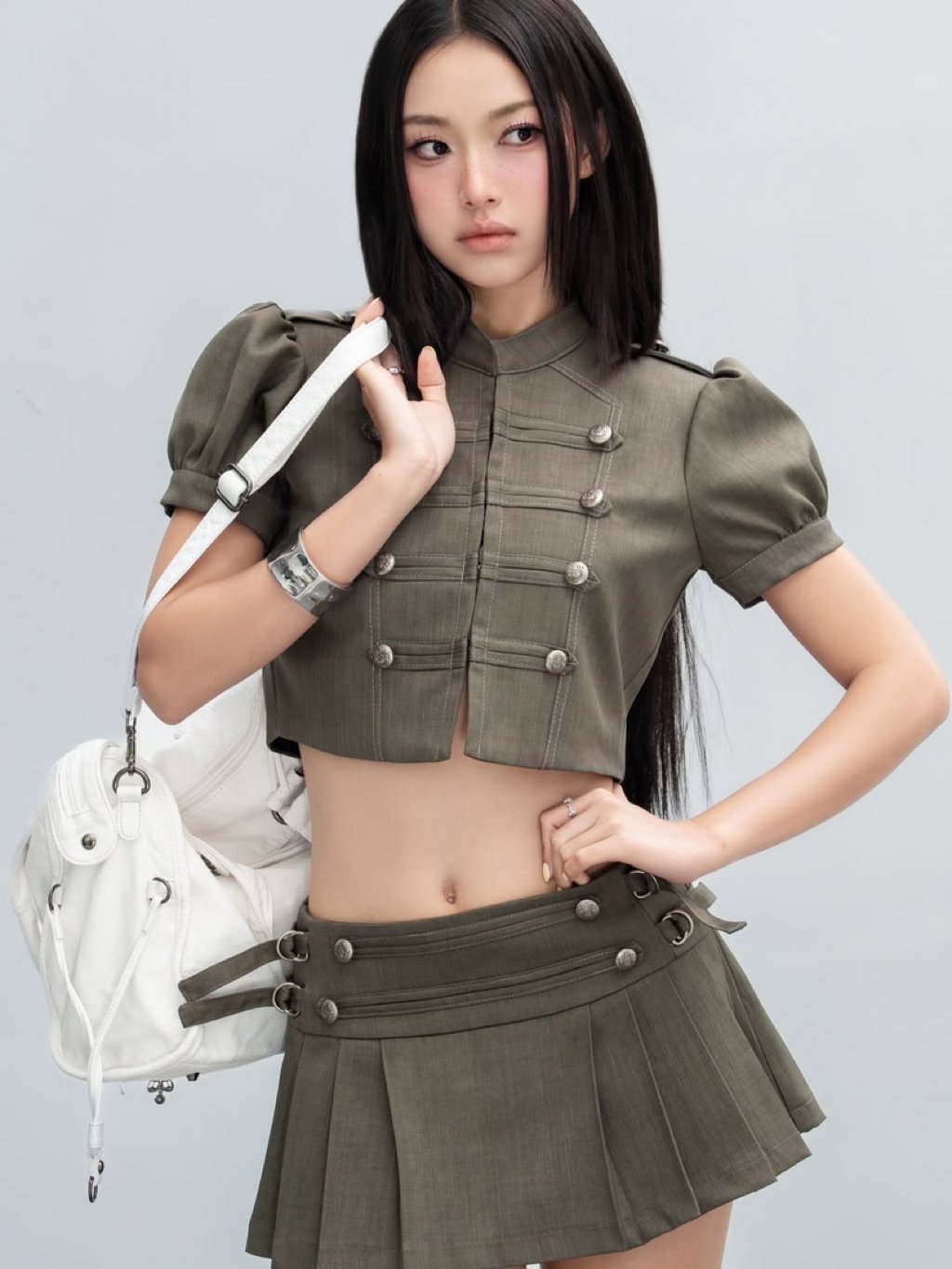 Hoodesign Army X Set Military Style Cropped Top and Pleated Skirt