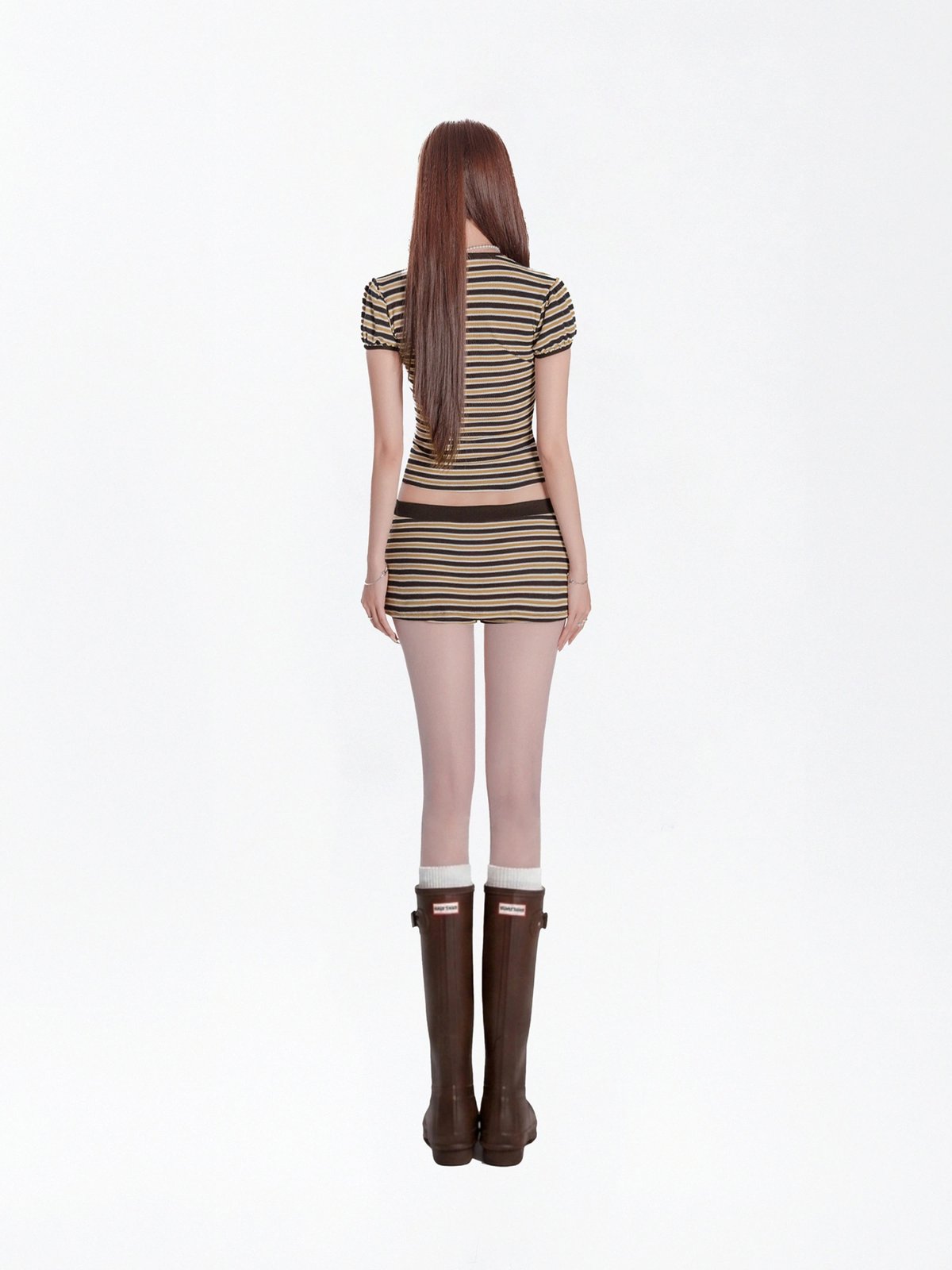 DKMV Marley Set Striped Puff Sleeve Top and Mini Skirt