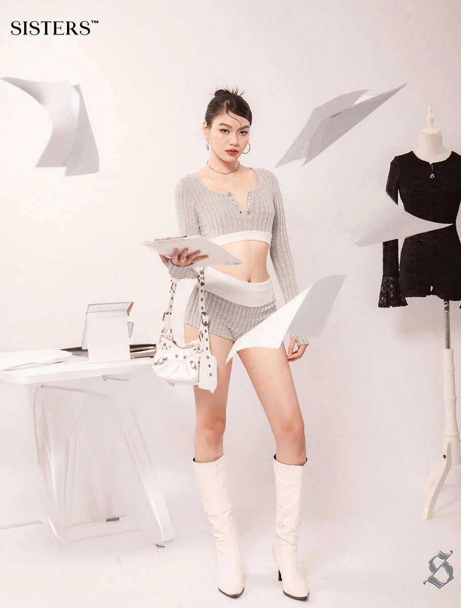 SISTERS Farley Ribbed Knit Two-Piece Set - Square Neck Long Sleeve Crop Top and Fold-over Shorts