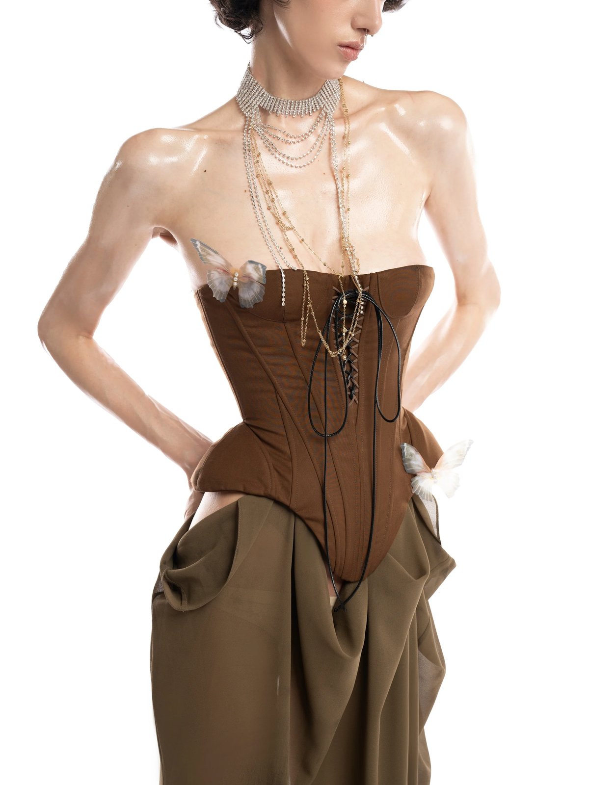 HUELLEYROSE Kiona Corset Dress with Lace-up Detail and Butterfly Pins