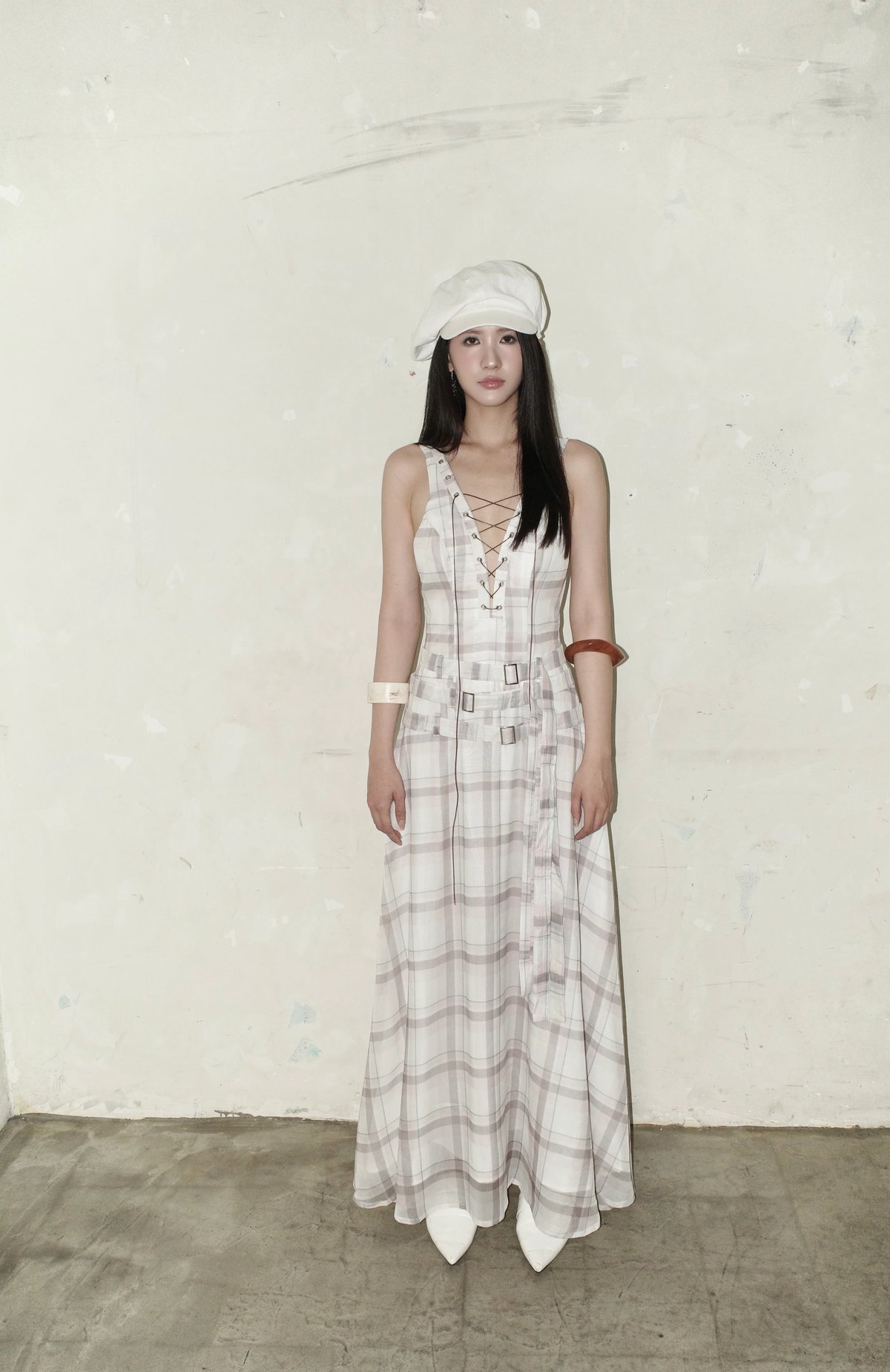 VELA Lace-up Plaid Maxi Dress