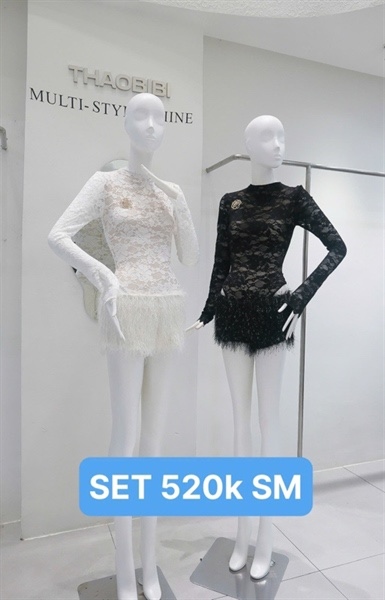 THAOBIBI Lace Long Sleeve Top and Fringed Mini Skirt Set