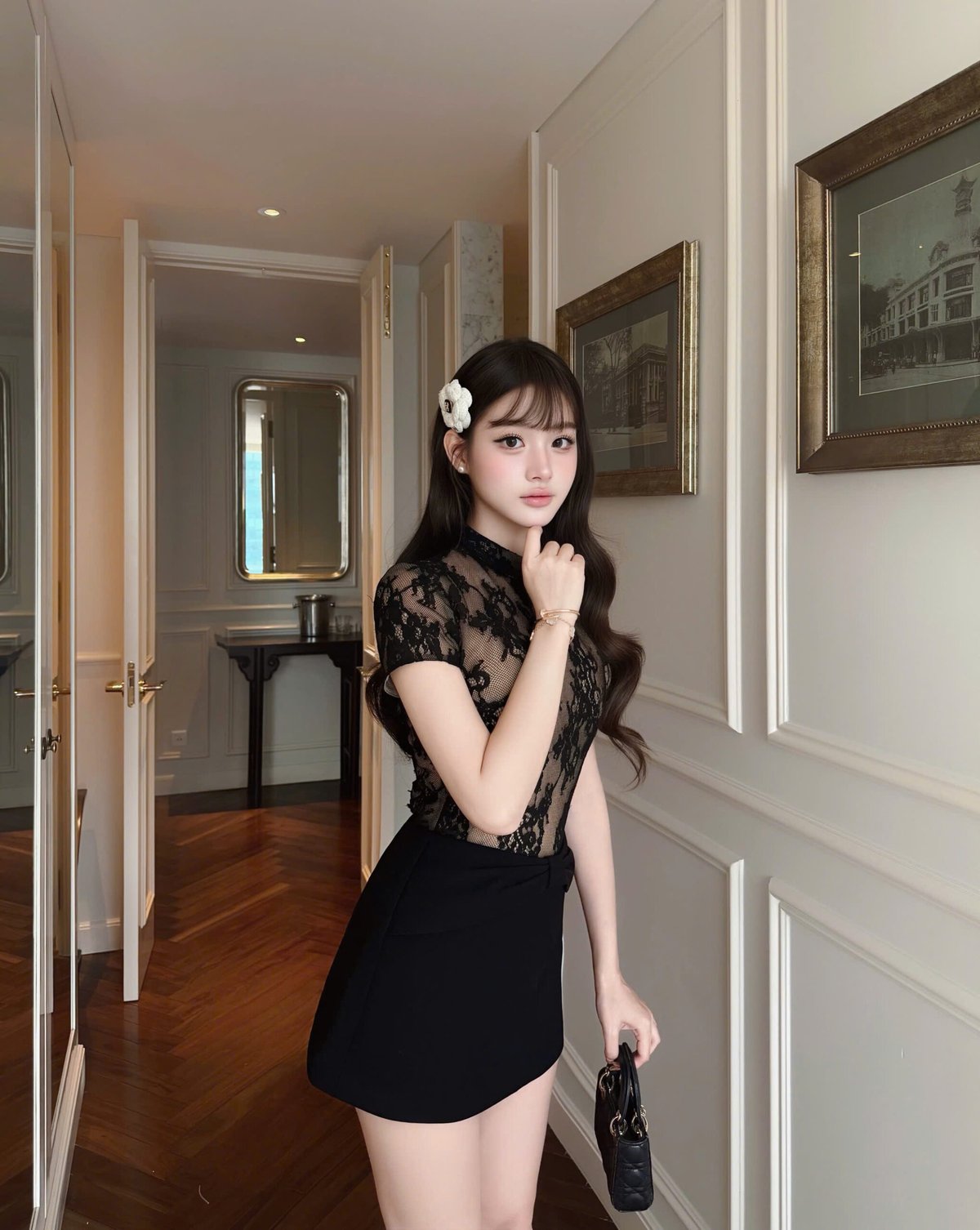CHOU CHOU Black Lace Short Sleeve Top and Mini Skirt Set