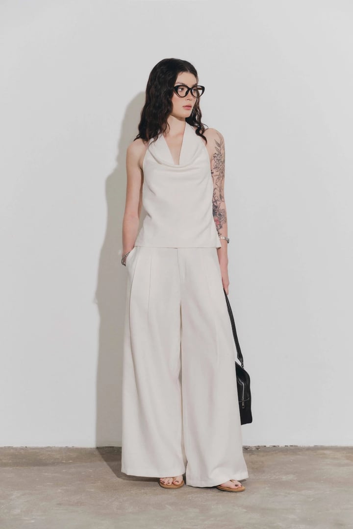 DOTTIE High Waisted Wide Leg Trousers - Light Beige