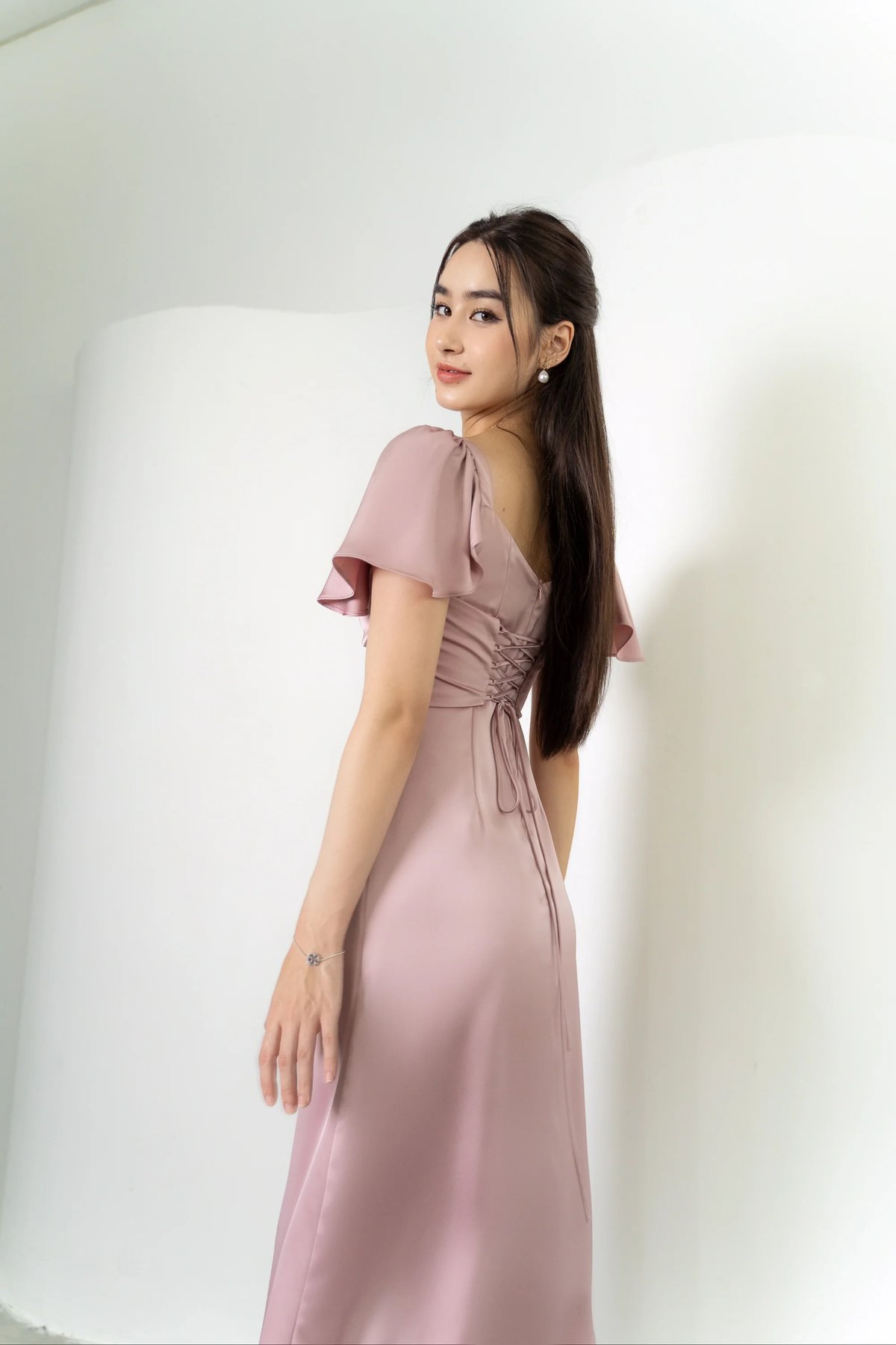 KISSERINE JUDY Satin Midi Dress with Fairy-Wing Sleeves