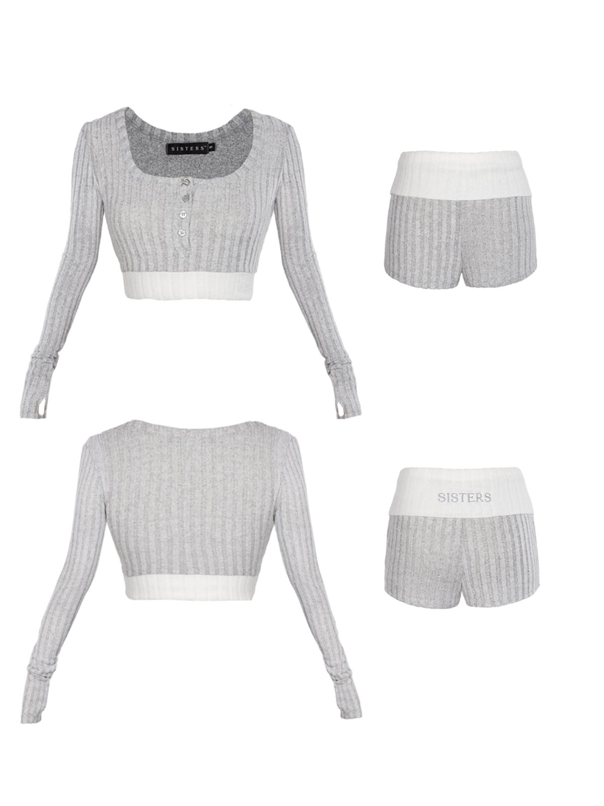 SISTERS Farley Ribbed Knit Two-Piece Set - Square Neck Long Sleeve Crop Top and Fold-over Shorts