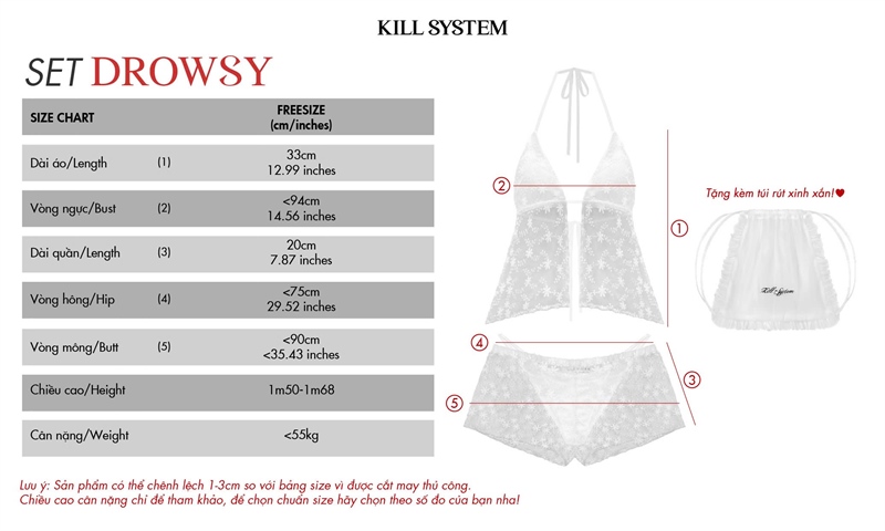 KILL SYSTEM DROWSY Sexy Floral Lace Bikini Set with Drawstring Bag - White