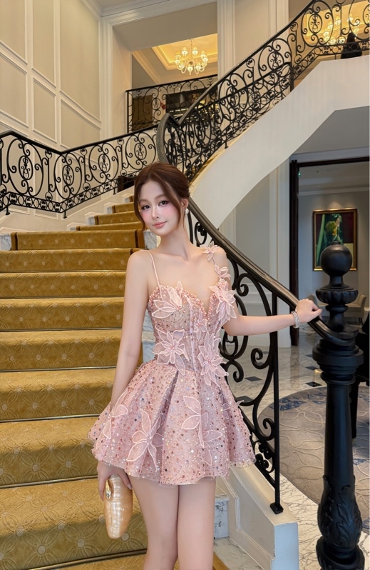 THAOBIBI Glitter Sequin Floral Embroidered Mini Party Dress