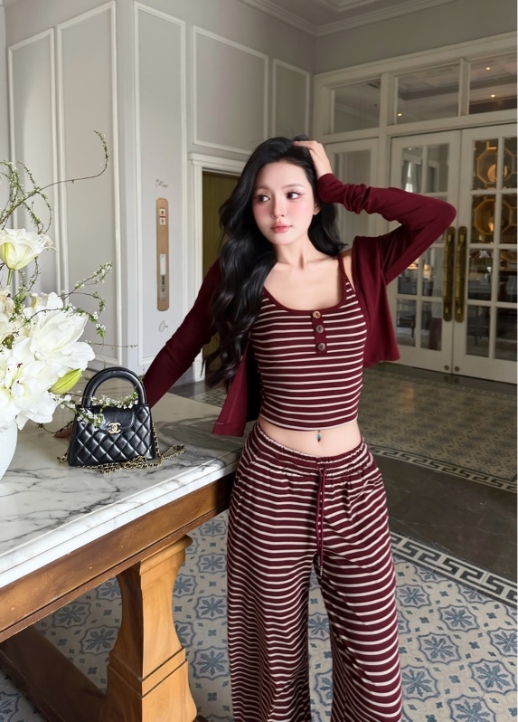 THAOBIBI Striped Camisole and Pants Set with Cardigan