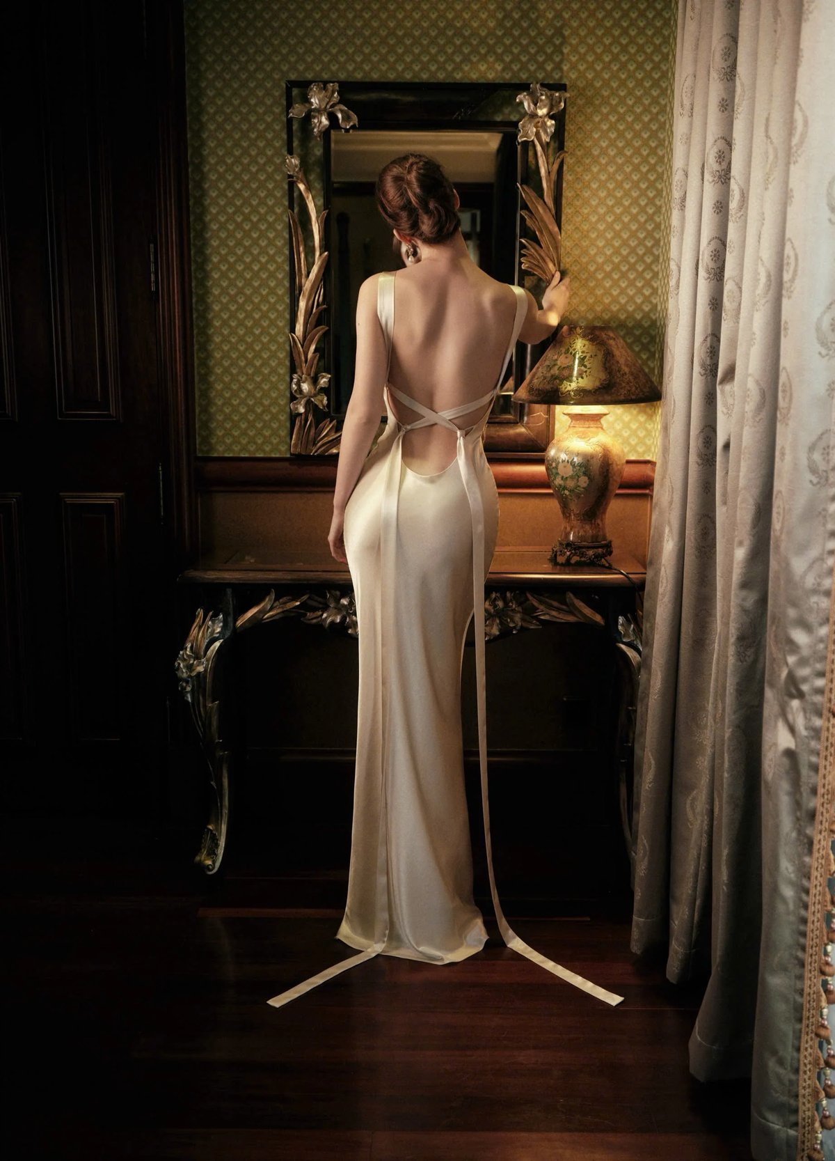 KISSERINE TALIVIA Silk Satin Deep V Neck Open Back Maxi Dress