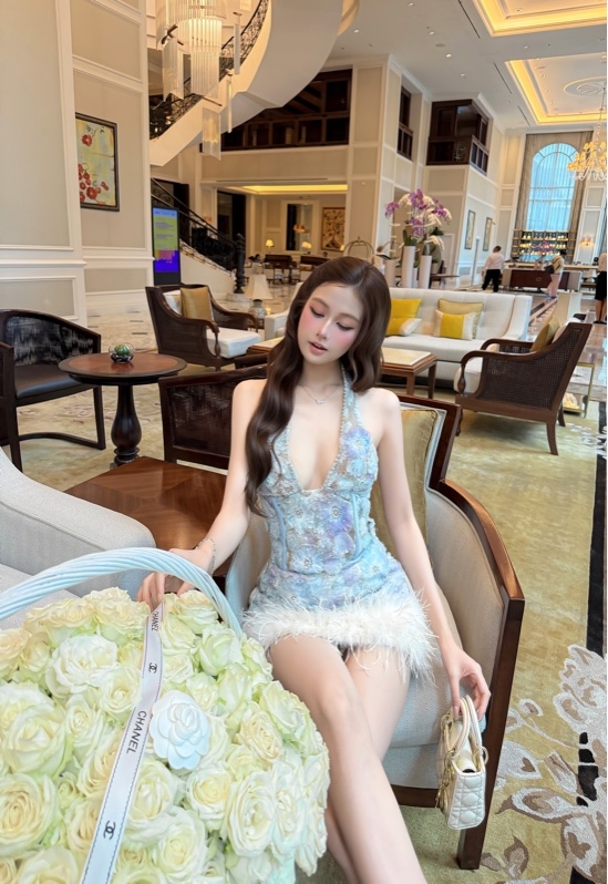 THAOBIBI Sequin Floral Mini Dress with Feather Trim