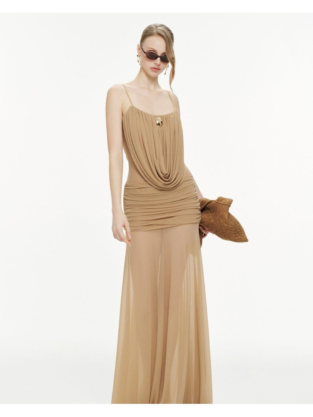 Mollynista Brown Cowl-Neck Ruched Stretch Mesh Gown