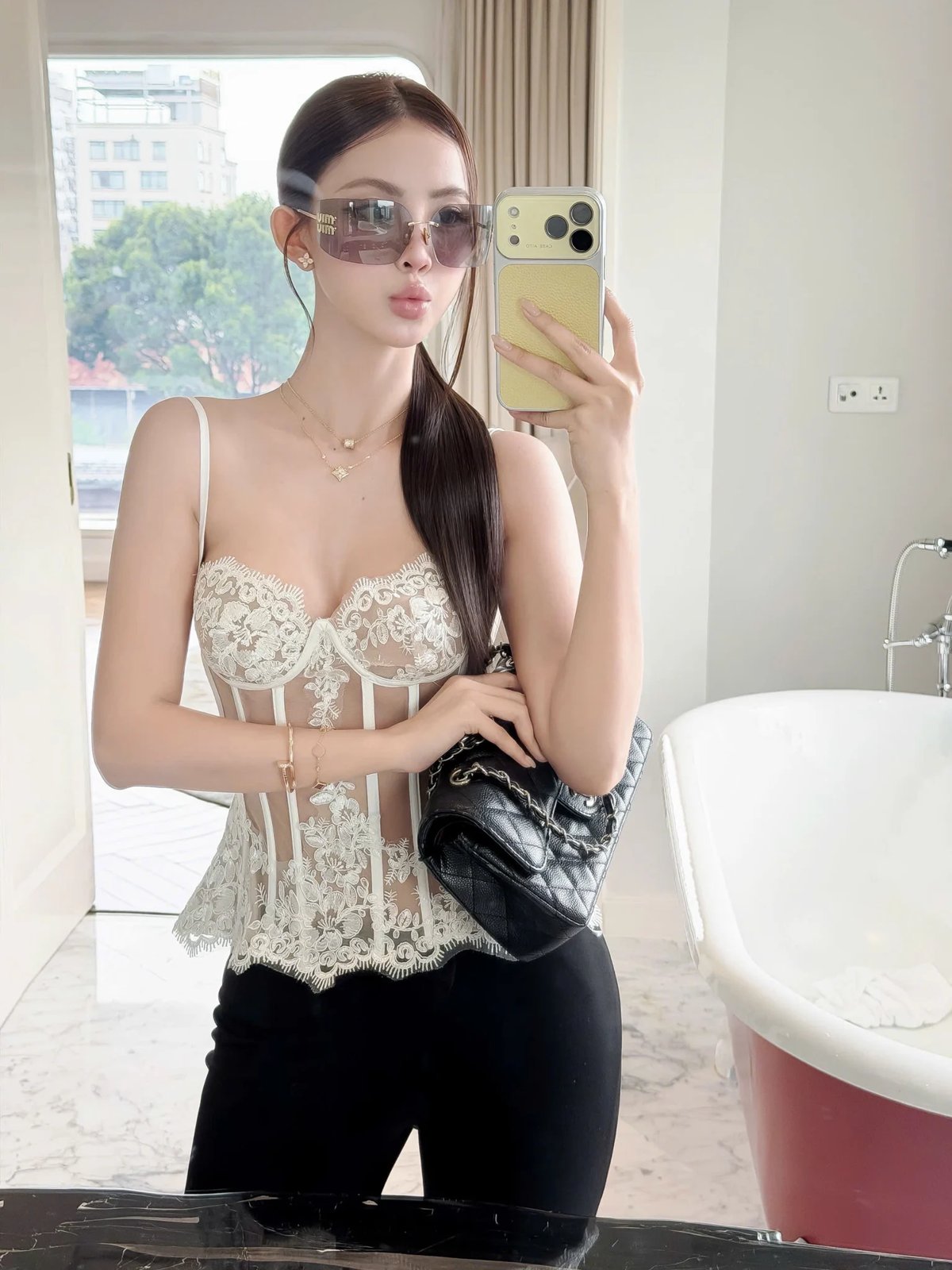 Tran Ali Lace Trim Mesh Camisole Top