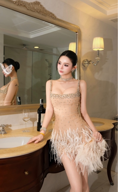 THAOBIBI 羽毛鑽石網紗短裙 奢華派對禮服裙