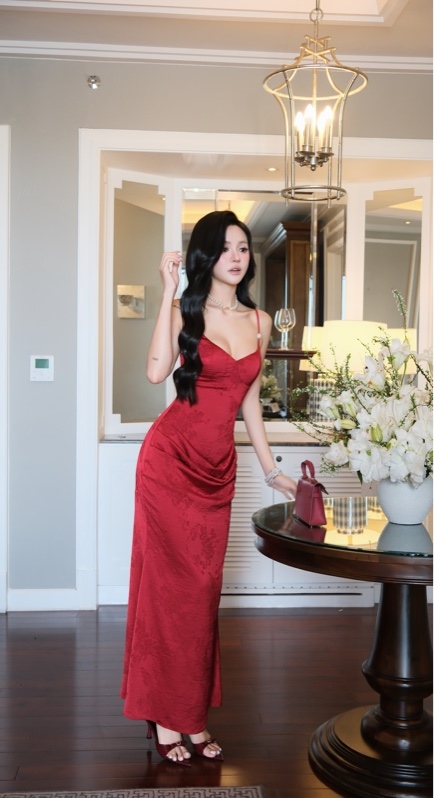 THAOBIBI Silk Brocade Spaghetti Strap Maxi Dress