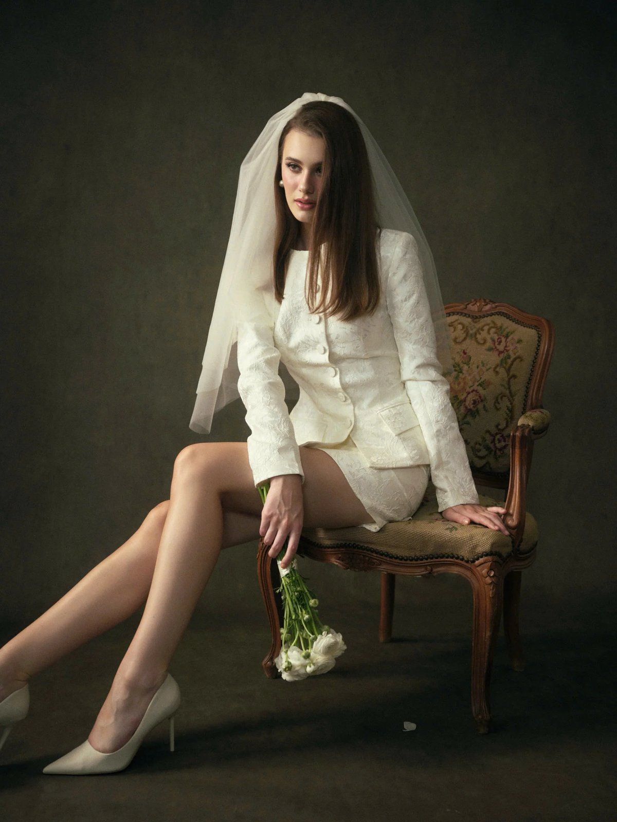 KISSERINE CLAUDETTE SET - Ivory White Jacquard Jacket and Mini Skirt