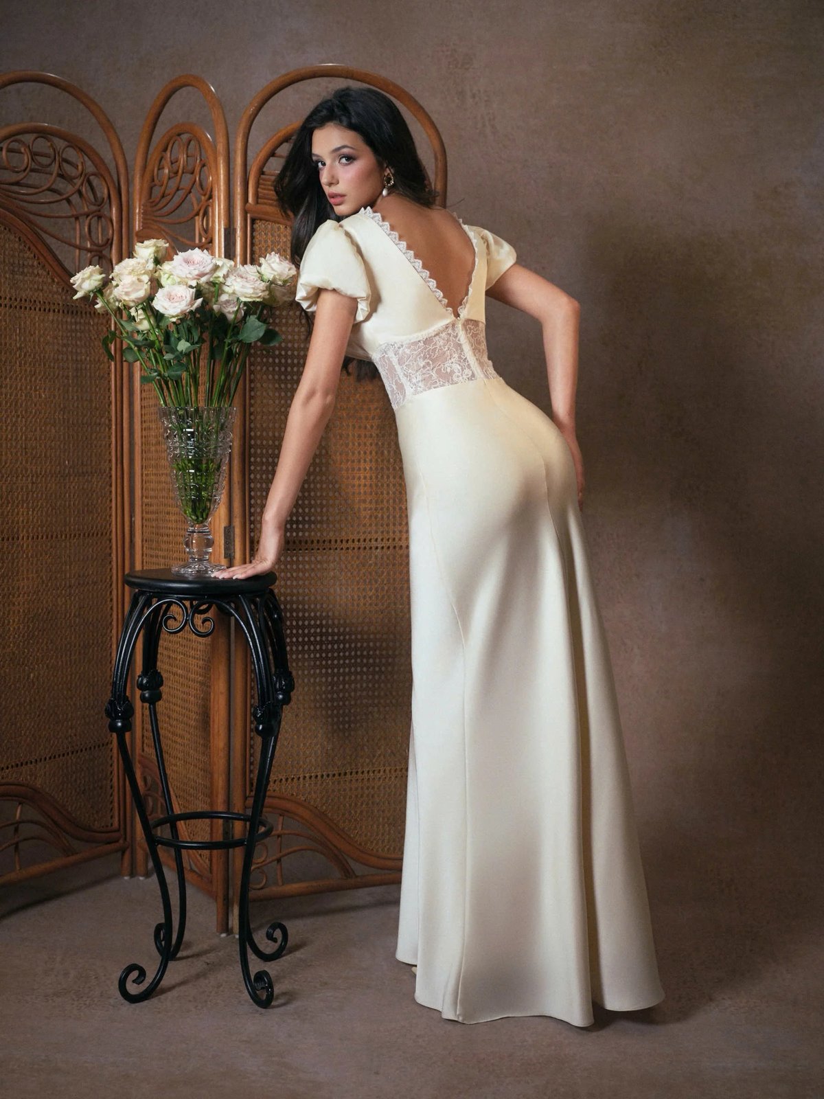 KISSERINE MARIAM DRESS Lace Puff Sleeve Satin Maxi Dress
