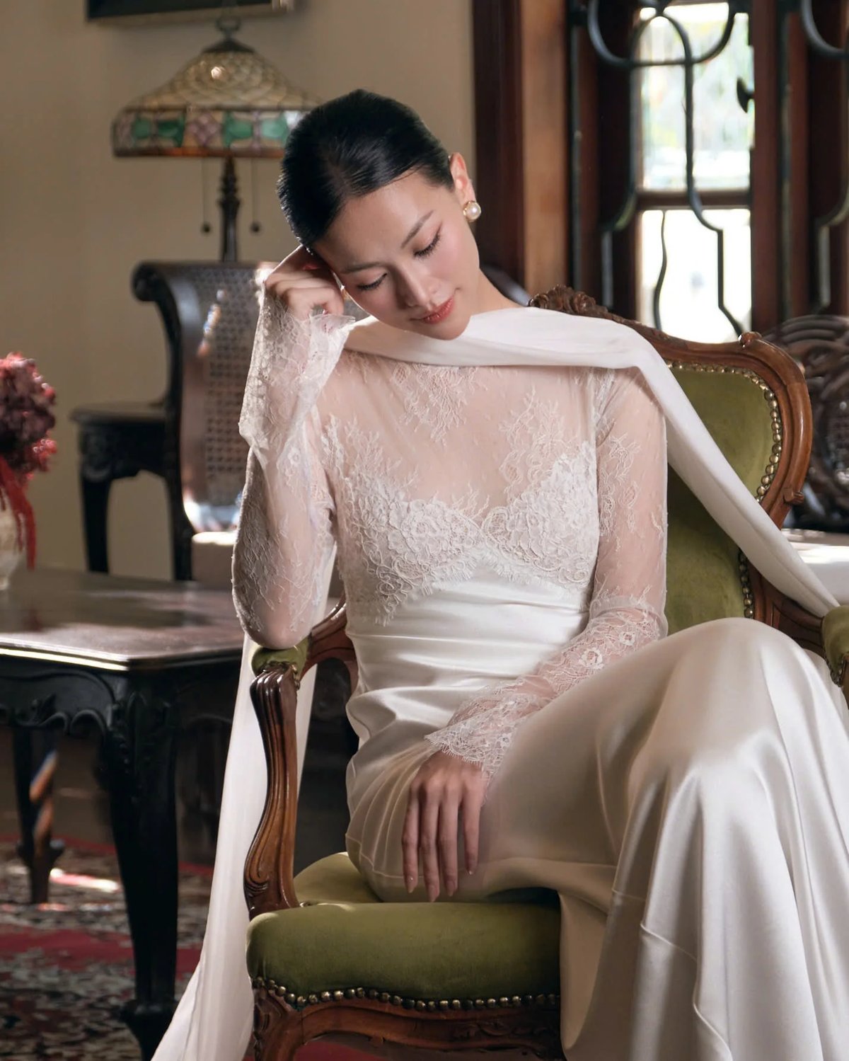 KISSERINE PALINA GOWN White Lace and Satin Evening Dress