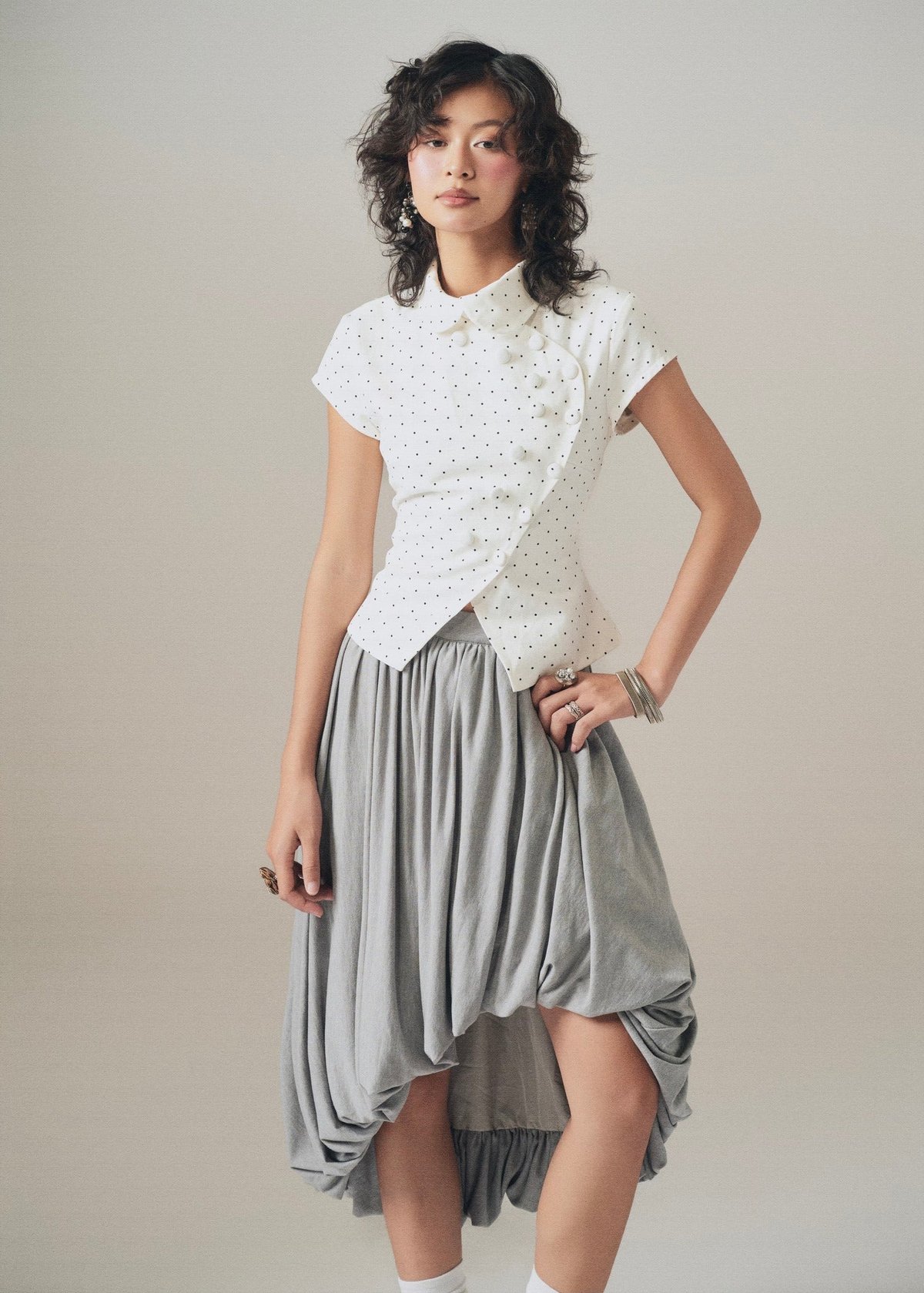 LANA Polka Dot Rounded Collar Double-Breasted Shirt
