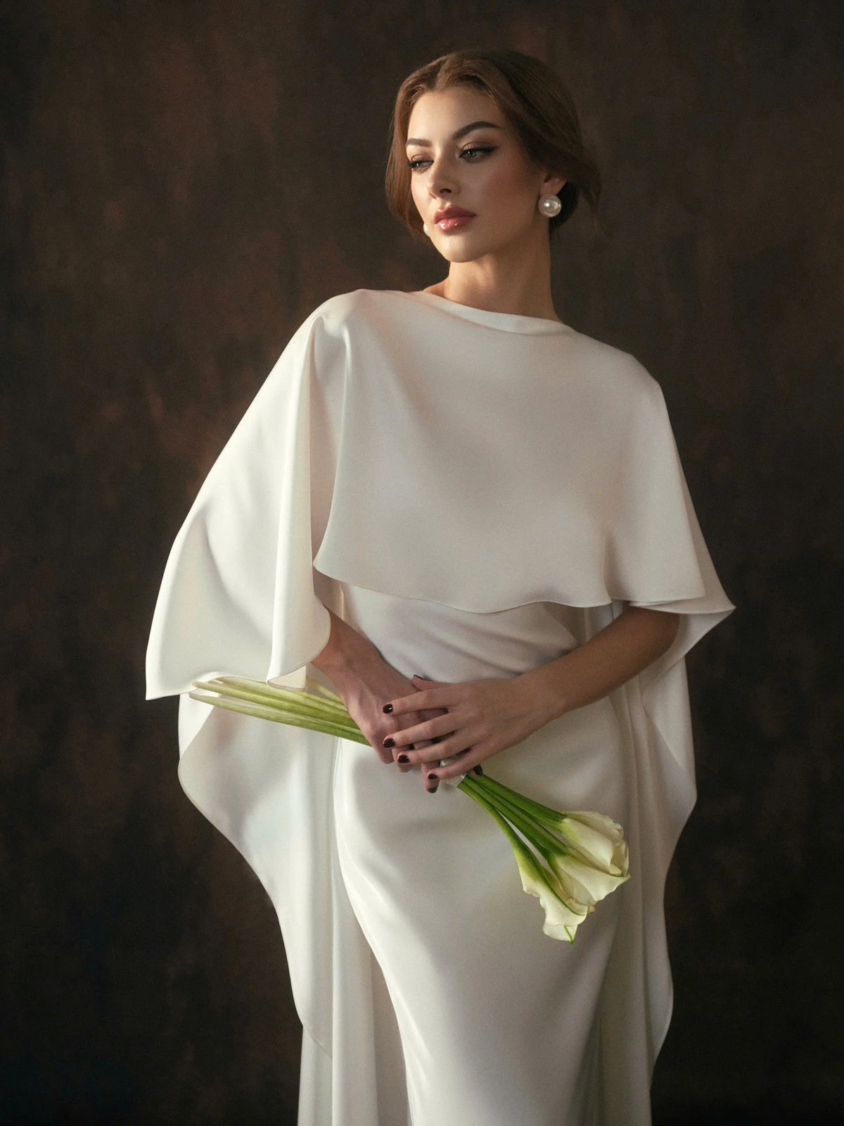 KISSERINE GIULIA DRESS White Satin Gown with Cape