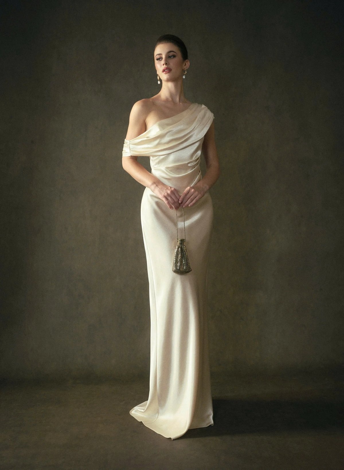 KISSERINE GRACE DRESS Asymmetrical Off-Shoulder Satin Maxi Dress