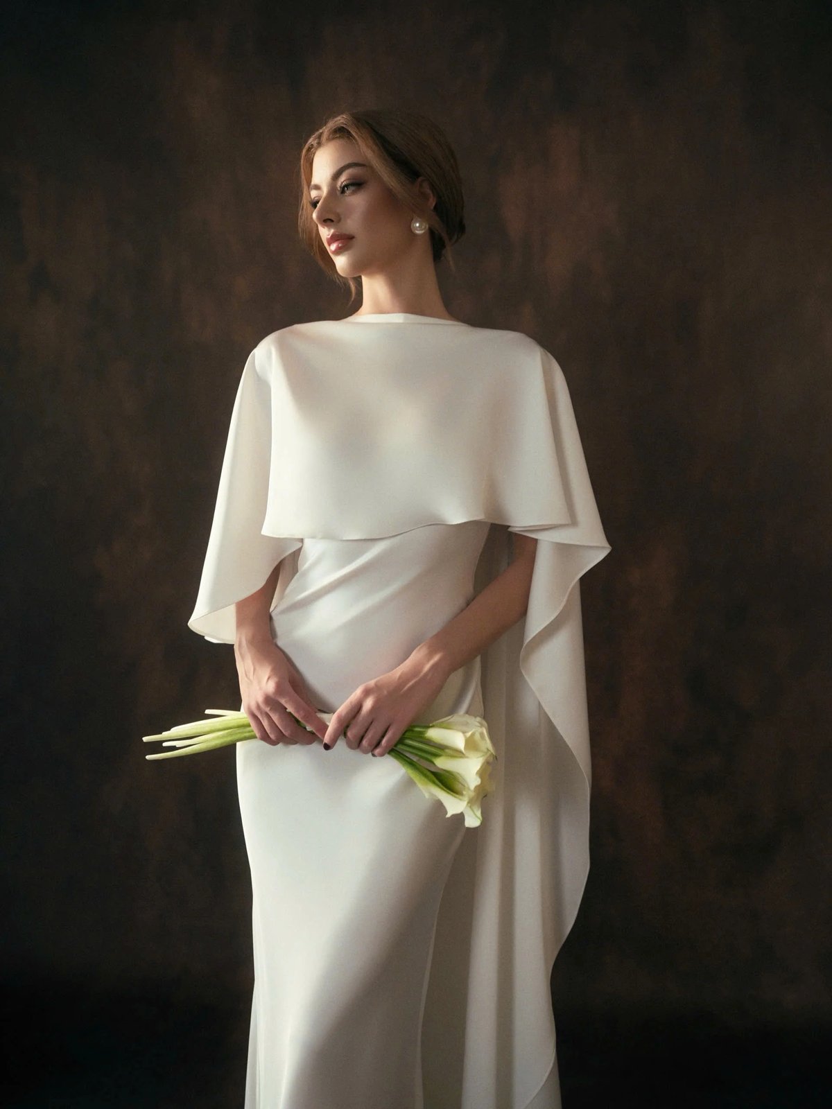KISSERINE GIULIA DRESS White Satin Gown with Cape