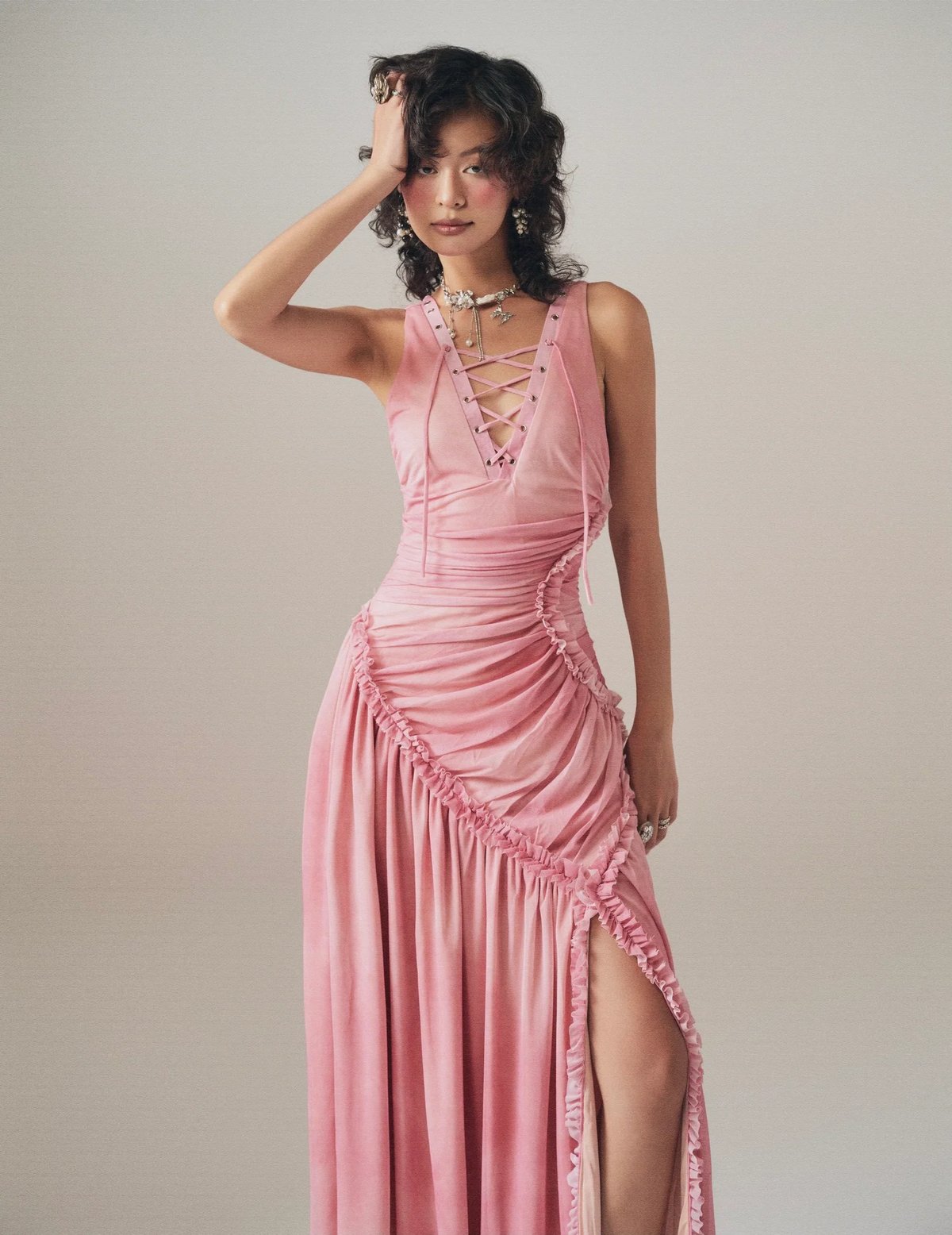 INTO.EIGHT Blush Dress Lace-up Ruched Maxi Dress