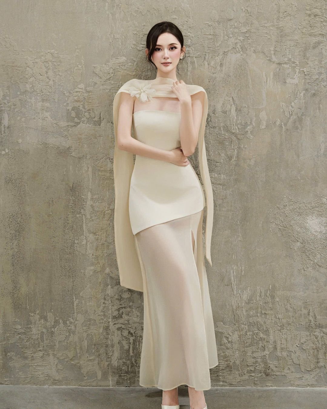 HIU Design Dari Dress 韓式彈力布配紗款中長款禮服裙 - 米白色