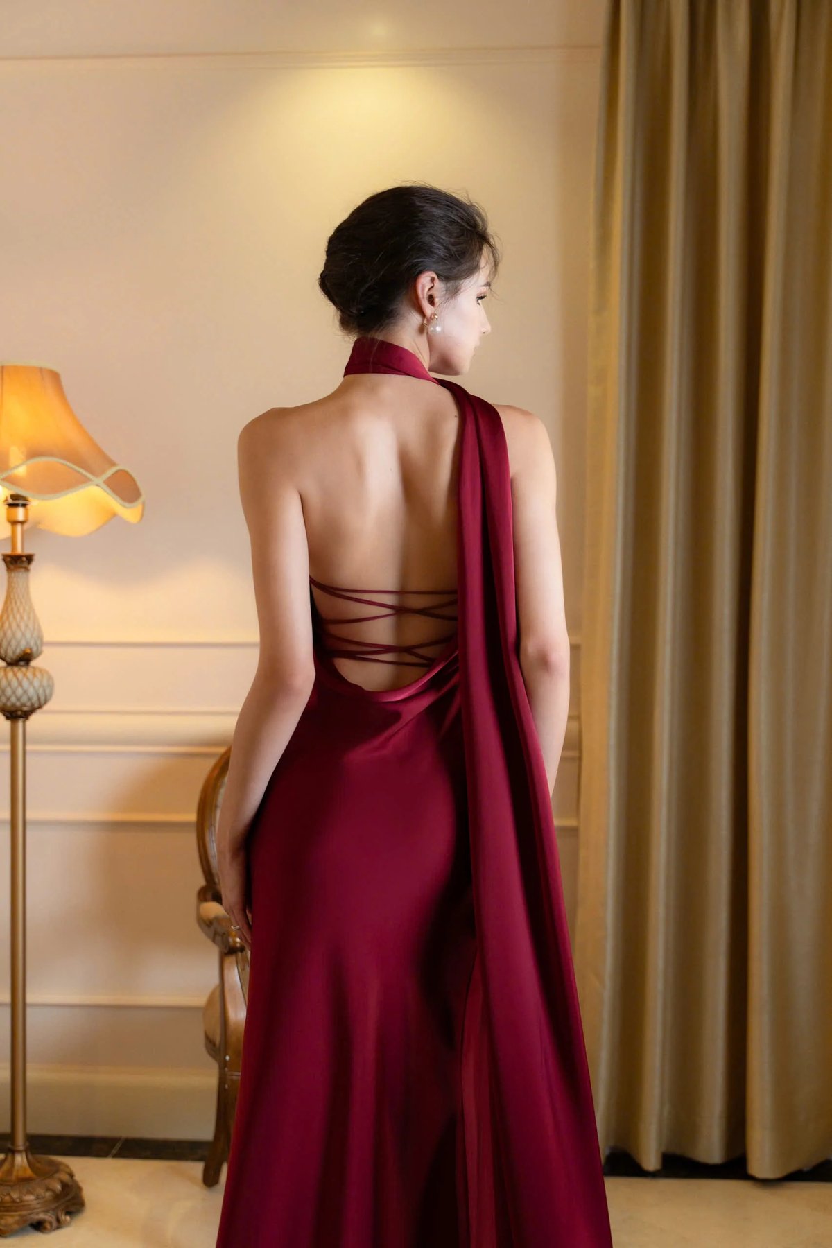 KISSERINE SERENA Halter Neck Open Back Satin Dress