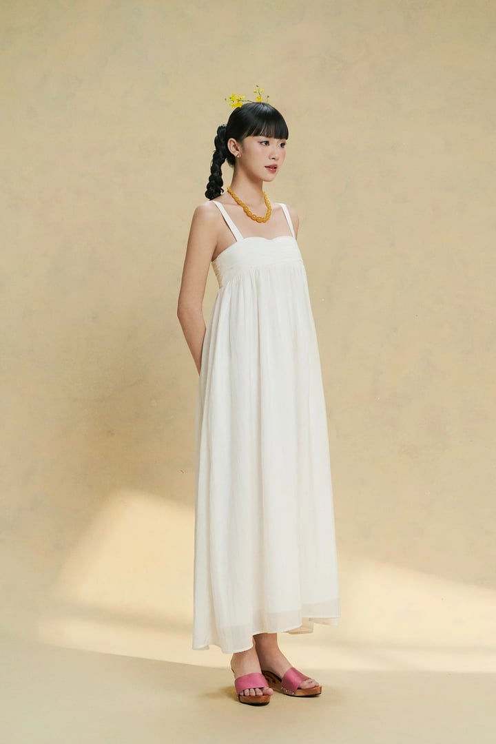 DOTTIE Ruched Bust Midi Dress - Cream - D0728