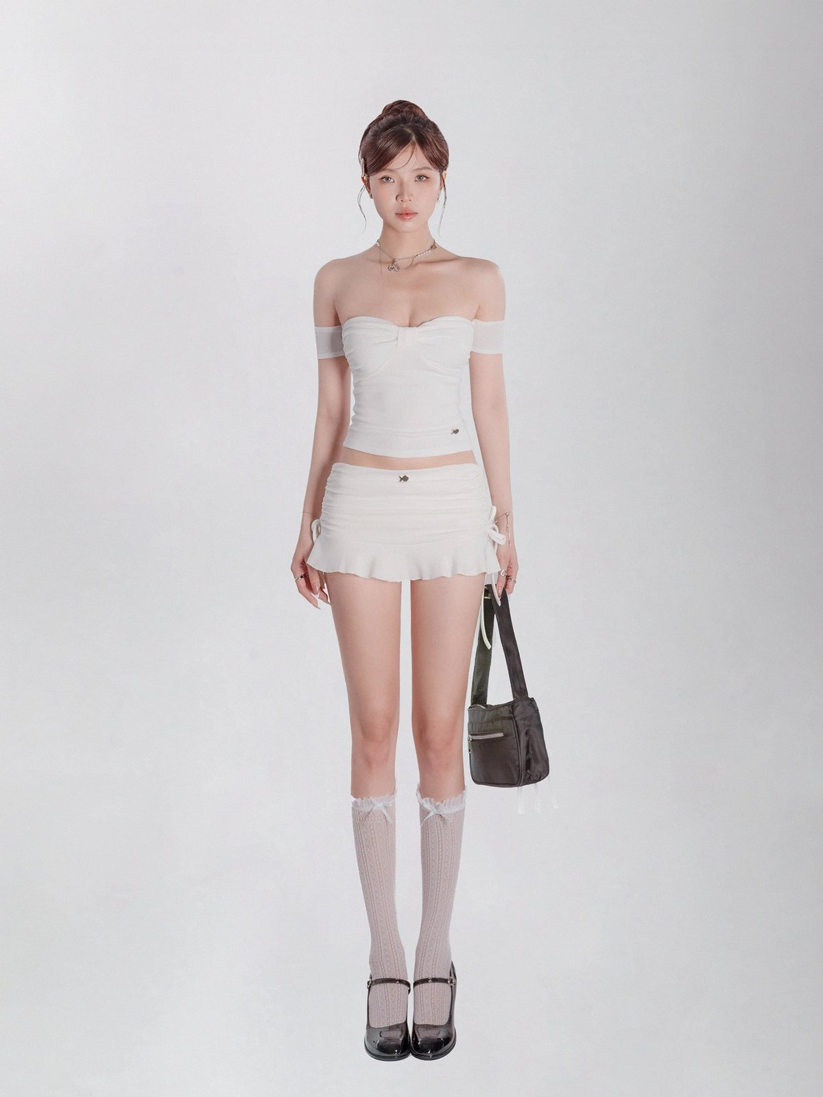 DKMV Bitna Off-Shoulder Ribbed Top with Bow Detail