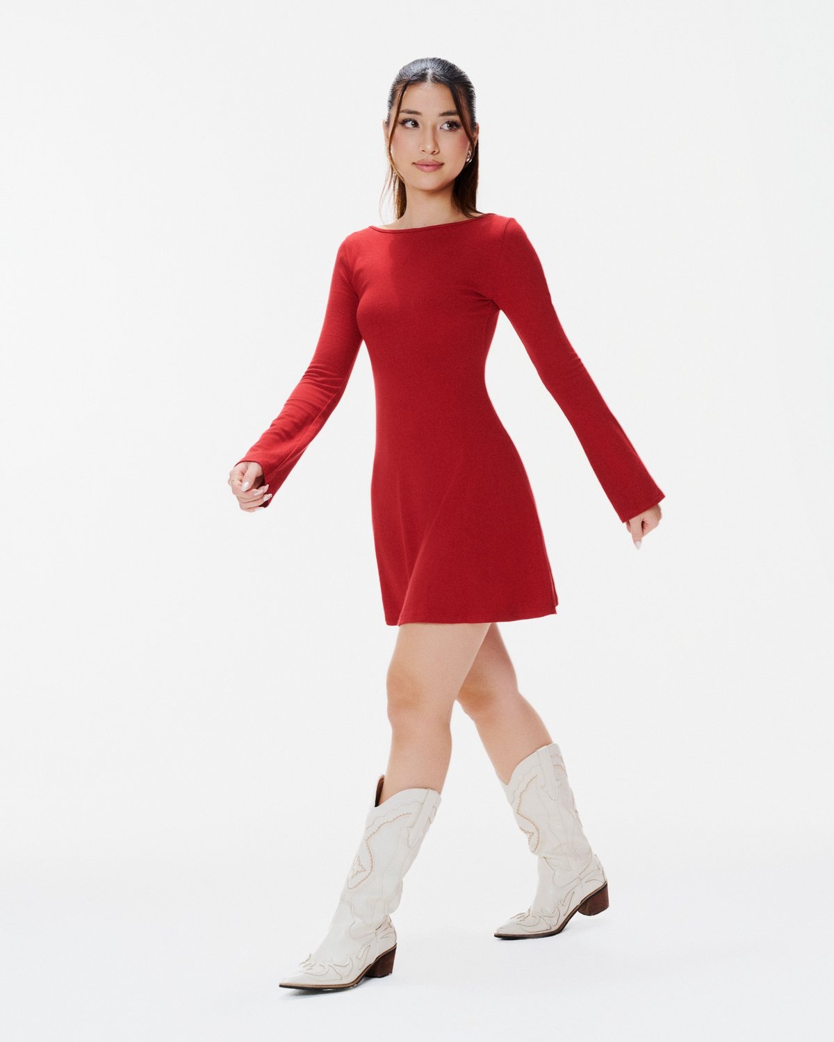 DOTTIE Macie Boat Neck Long Sleeve Mini Dress