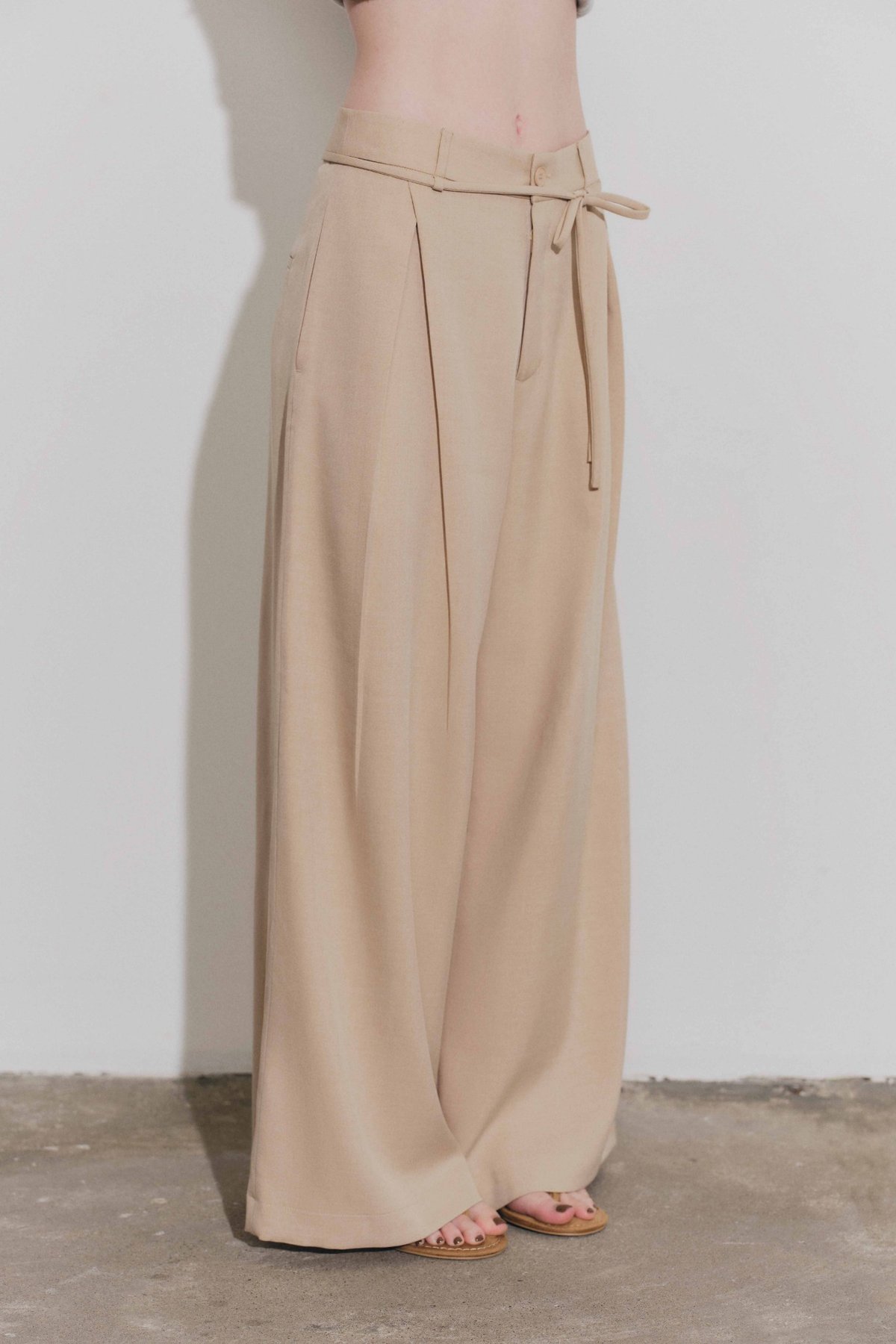 DOTTIE Pleated Wide Leg Trousers - Dark Beige