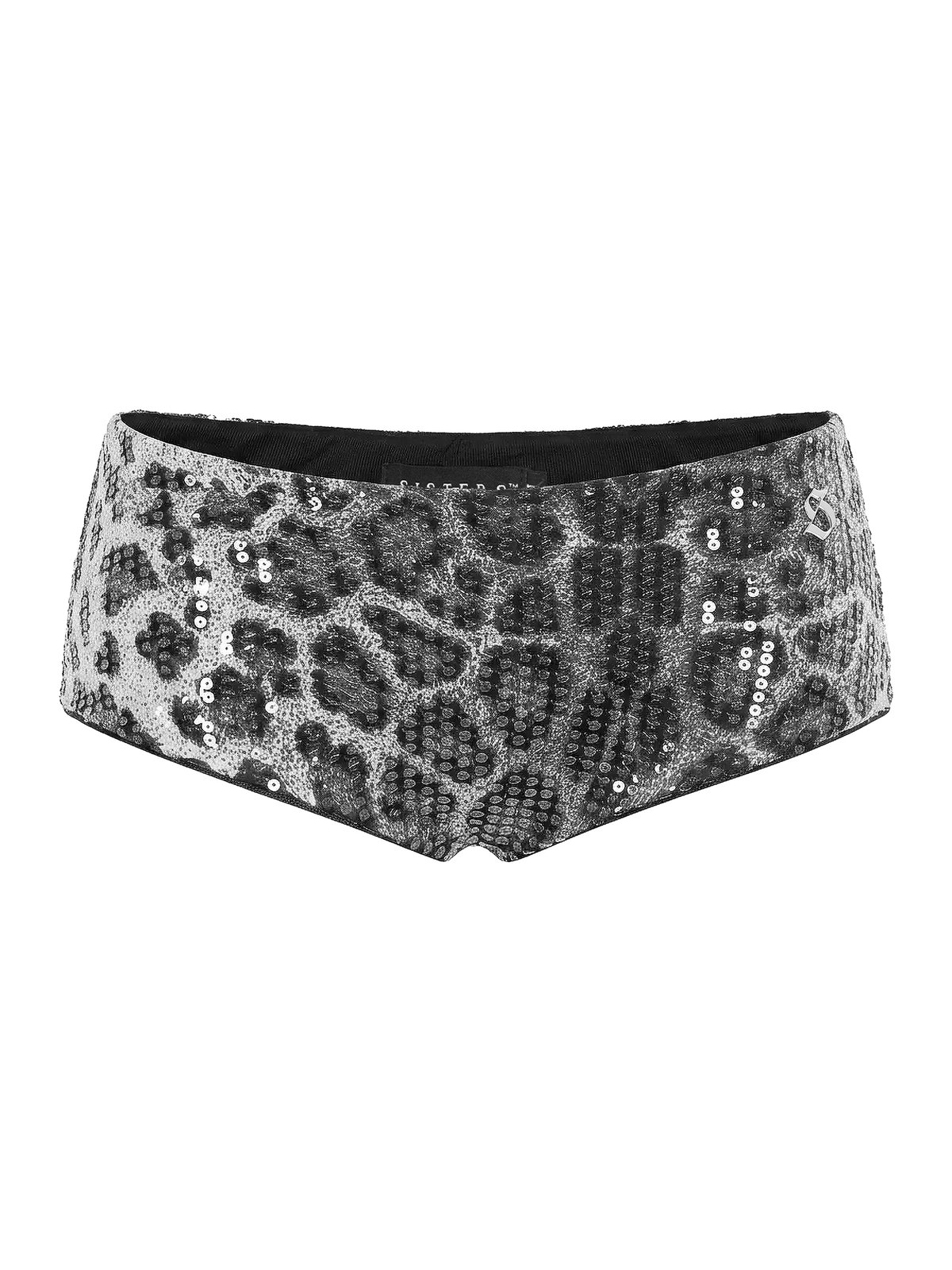 SISTERS Imogen Sequin Leopard Print Asymmetric Waist Mini Shorts - Grey Leopard