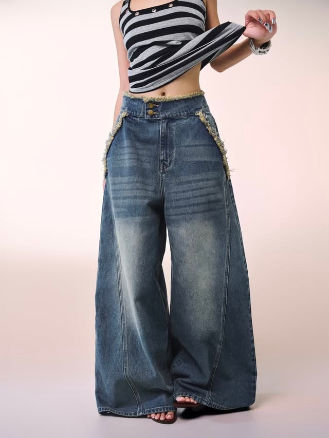OCEAN JEANS 高腰寬腿毛邊設計丹寧牛仔褲