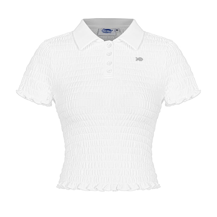 DKMV Brit Top 白色 Polo 領 褶皺針織短版上衣