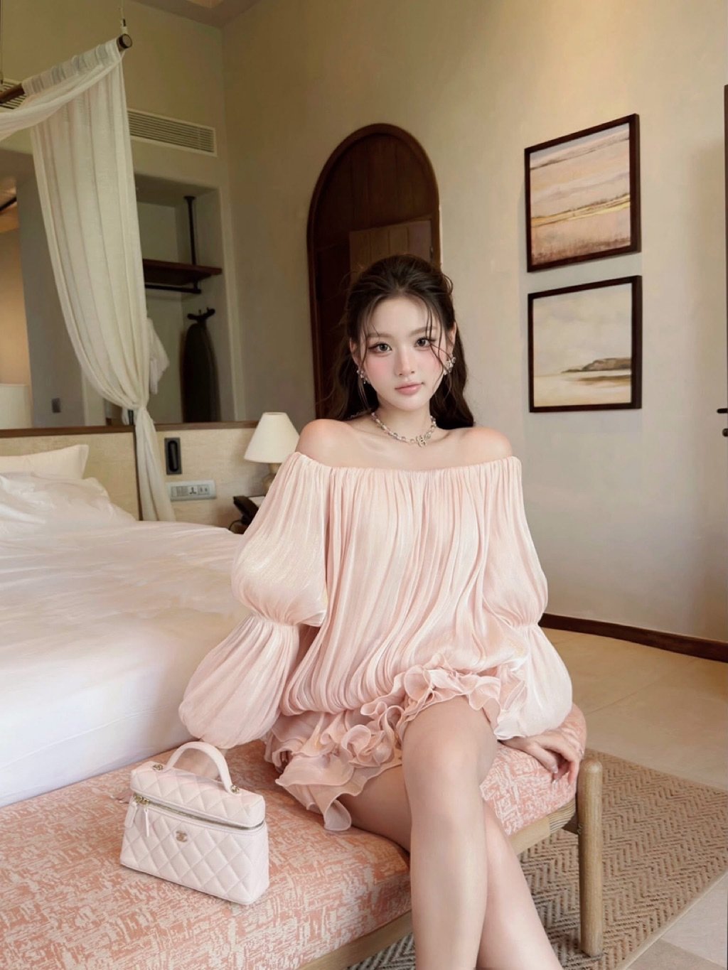 CHOUCHOU Lina Off-shoulder Pleated Dress